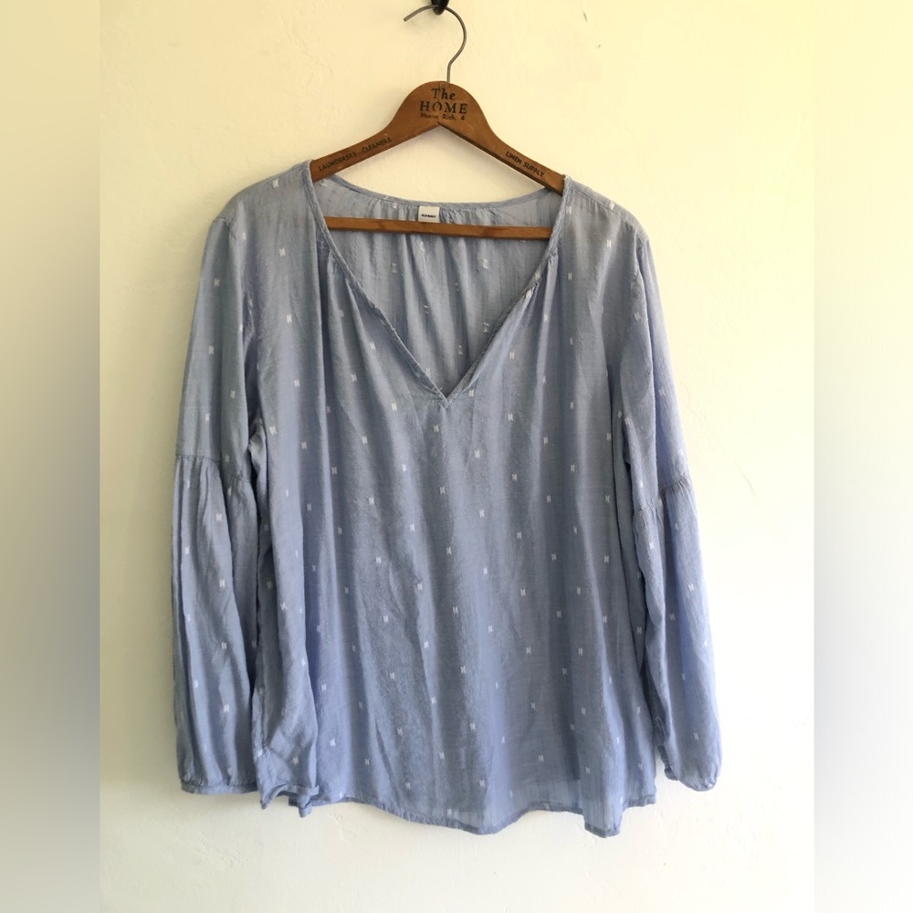 Old Navy Blouse Women Sz L Blue Long Sleeve Prairie Cottagecore Boho